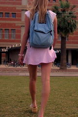Up skirt school girl - slim blondie in pink skirt